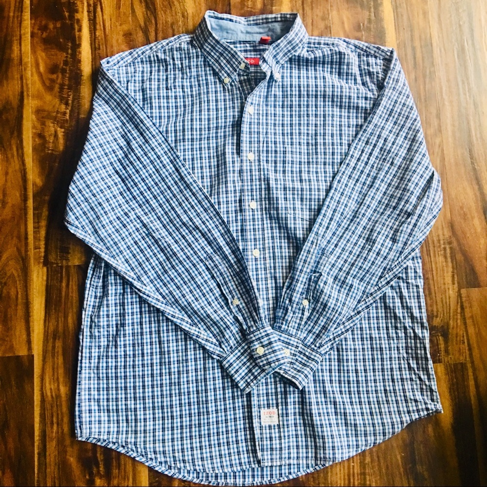 Izod Blue Plaid Checked Oxford Shirt -Large